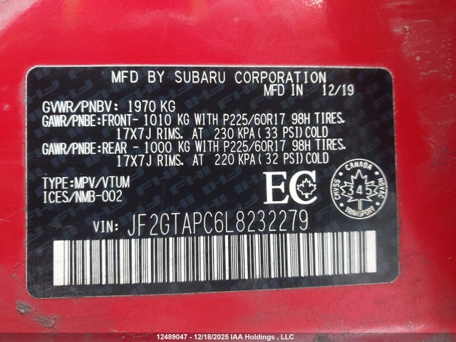 Продажа на аукционе авто 2020 Subaru Crosstrek Touring, vin: JF2GTAPC6L8232279, номер лота: 12489047