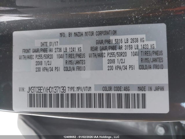 Aukcja sprzedaży 2017 Mazda Cx-9, vin: JM3TCBEYXH0137139, numer aukcji: 12489052