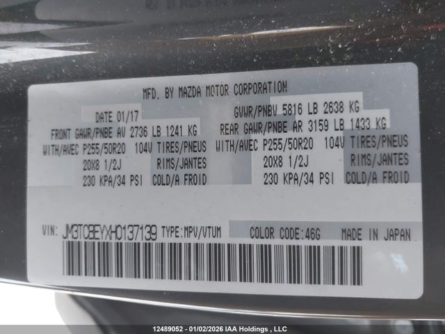 Aukcja sprzedaży 2017 Mazda Cx-9, vin: JM3TCBEYXH0137139, numer aukcji: 12489052