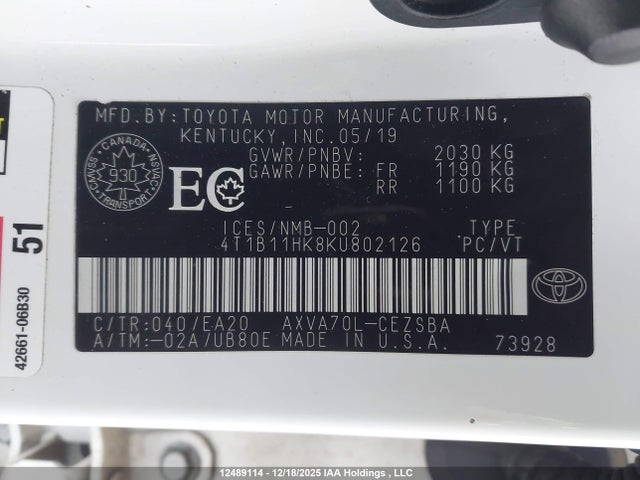 4T1B11HK8KU802126 Toyota CAMRY SE