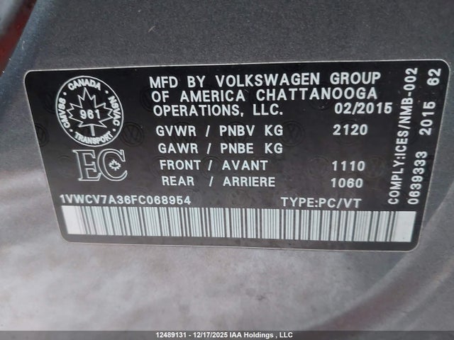 1VWCV7A36FC068954 Volkswagen PASSAT SEL
