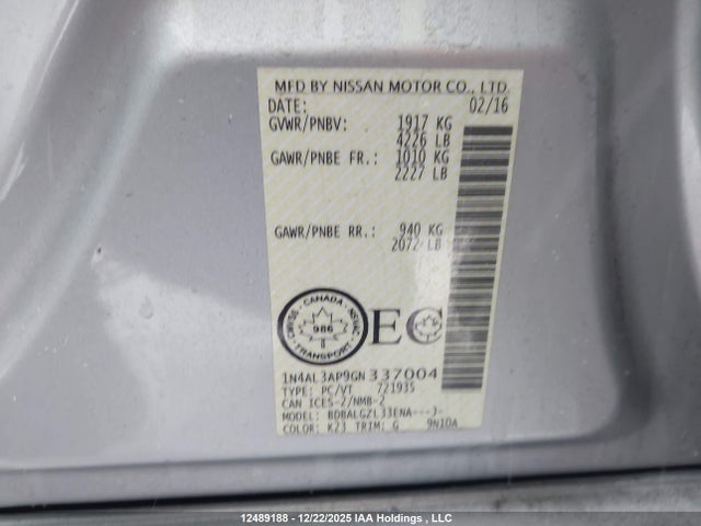 Nissan Altima 2016 1N4AL3AP9GN337004 Image 9
