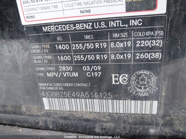 Aukcja sprzedaży 2009 Mercedes-benz Ml 320 Bluetec 4matic, vin: 4JGBB25E49A516125, numer aukcji: 12489202