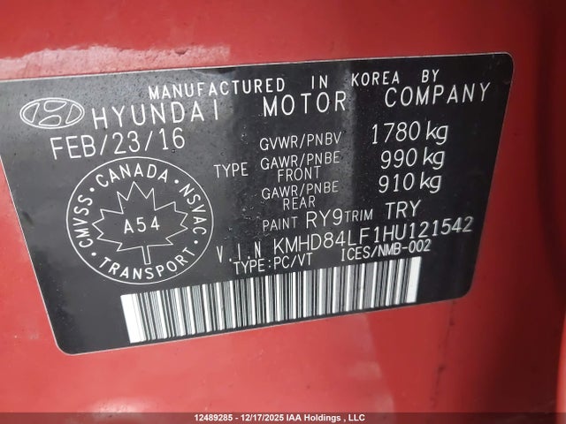 KMHD84LF1HU121542 Hyundai Elantra Se/value/limited