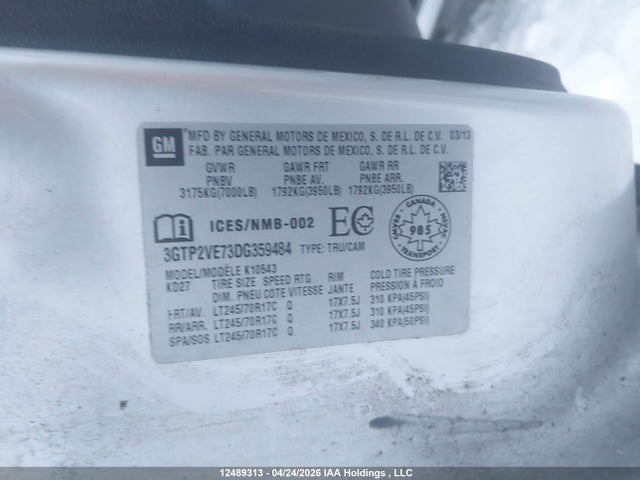 Aukcja sprzedaży 2013 Gmc Sierra 1500 Sle, vin: 3GTP2VE73DG359484, numer aukcji: 12489313