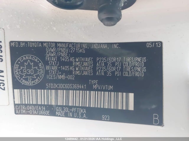 Aukcja sprzedaży 2013 Toyota Sienna, vin: 5TDZK3DC6DS369441, numer aukcji: 12489442
