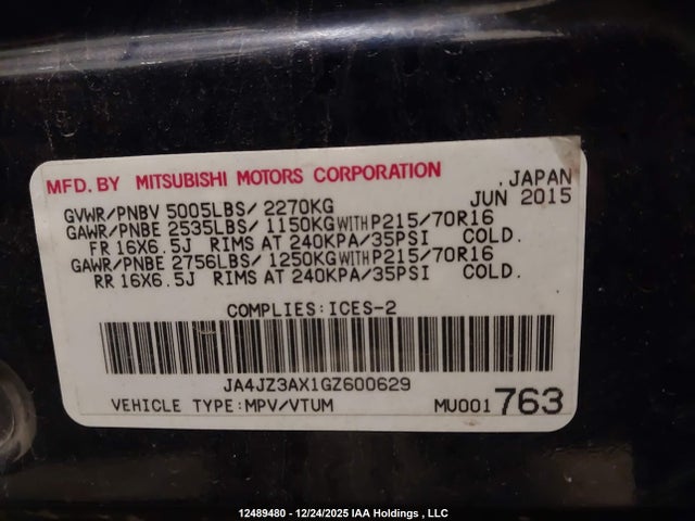 JA4JZ3AX1GZ600629 Mitsubishi Outlander Se