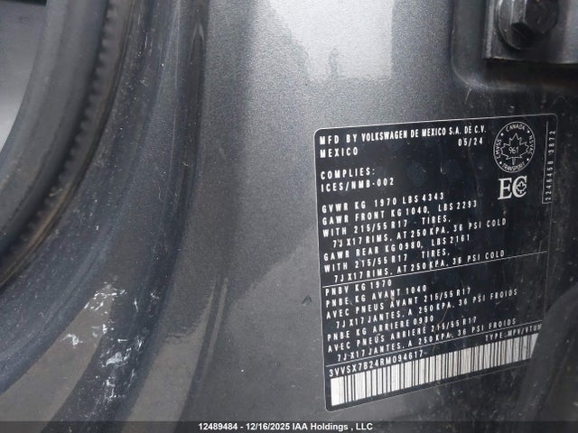 Aukcja sprzedaży 2024 Volkswagen Taos Se, vin: 3VVSX7B24RM094617, numer aukcji: 12489484