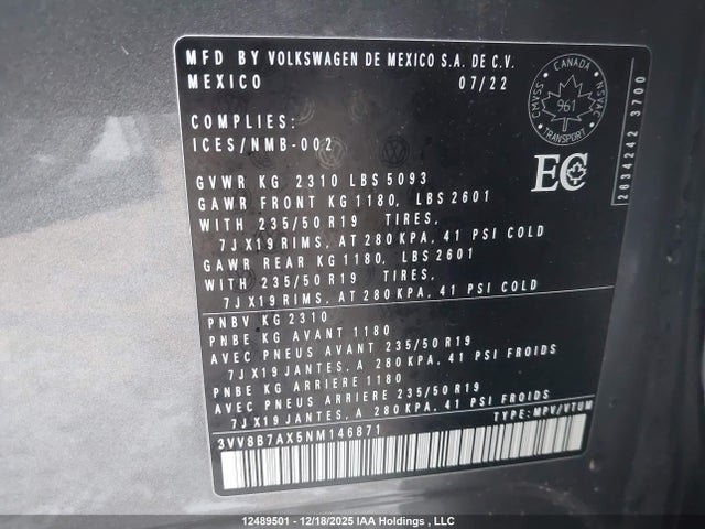 3VV8B7AX5NM146871 Volkswagen Tiguan Se R-line Black
