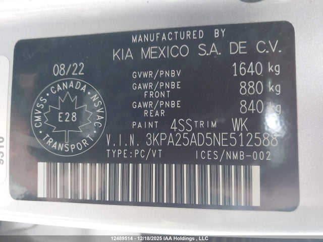 3KPA25AD5NE512588 KIA Rio Lx Premium/lx+