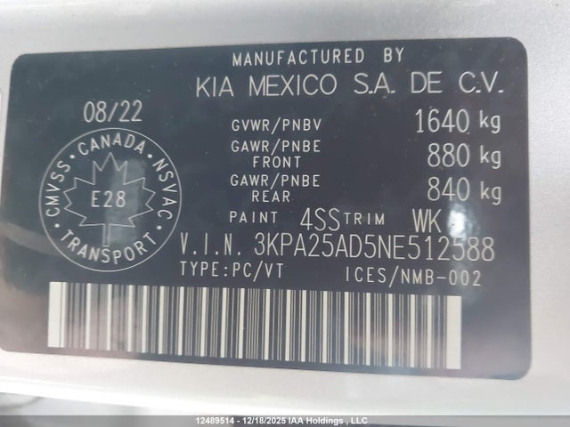 3KPA25AD5NE512588 KIA Rio Lx Premium/lx+