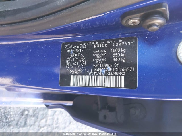 12489610 :رقم المزاد ، KMHCT4AE1CU246571 vin ، 2012 Hyundai Accent Gl مزاد بيع