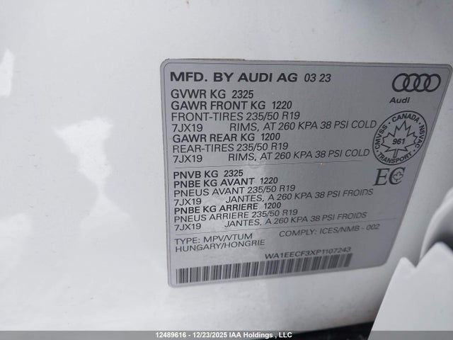 Aukcja sprzedaży 2023 Audi Q3, vin: WA1EECF3XP1107243, numer aukcji: 12489616