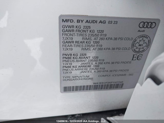 Aukcja sprzedaży 2023 Audi Q3, vin: WA1EECF3XP1107243, numer aukcji: 12489616