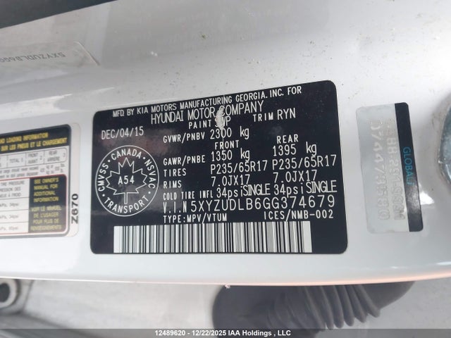 5XYZUDLB6GG374679 Hyundai Santa Fe