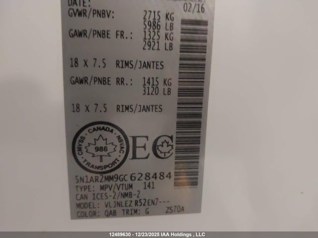 5N1AR2MM9GC628484 Nissan Pathfinder S/sv/sl/platinum