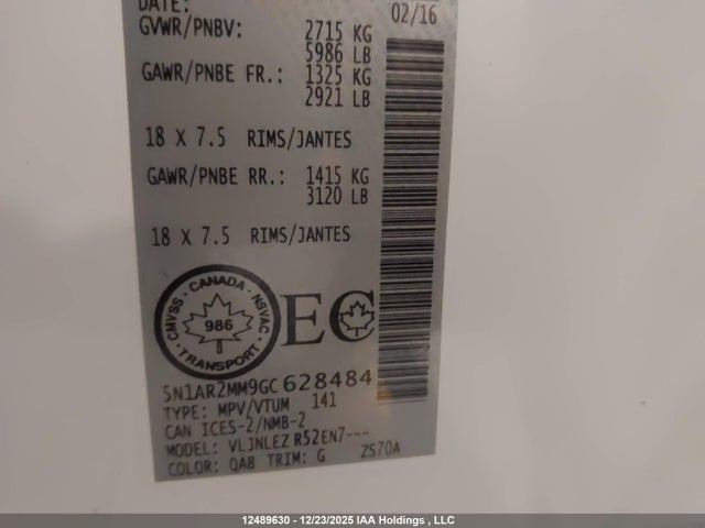 5N1AR2MM9GC628484 Nissan Pathfinder S/sv/sl/platinum