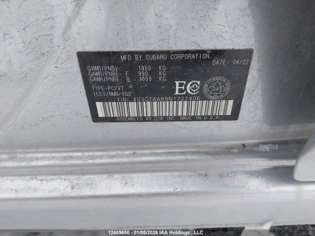 Aukcja sprzedaży 2022 Subaru Impreza, vin: 4S3GTAA69N1722406, numer aukcji: 12489650