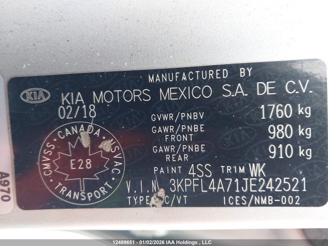 Aukcja sprzedaży 2018 Kia Forte, vin: 3KPFL4A71JE242521, numer aukcji: 12489651