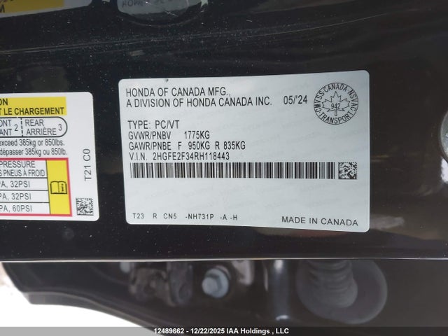 Aukcja sprzedaży 2024 Honda Civic, vin: 2HGFE2F34RH118443, numer aukcji: 12489662