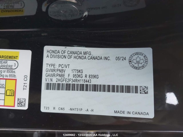 Aukcja sprzedaży 2024 Honda Civic, vin: 2HGFE2F34RH118443, numer aukcji: 12489662