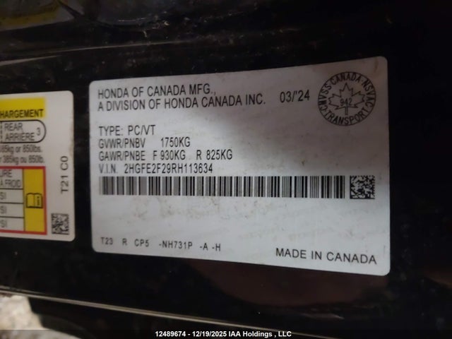 12489674 :رقم المزاد ، 2HGFE2F29RH113634 vin ، 2024 Honda Civic مزاد بيع
