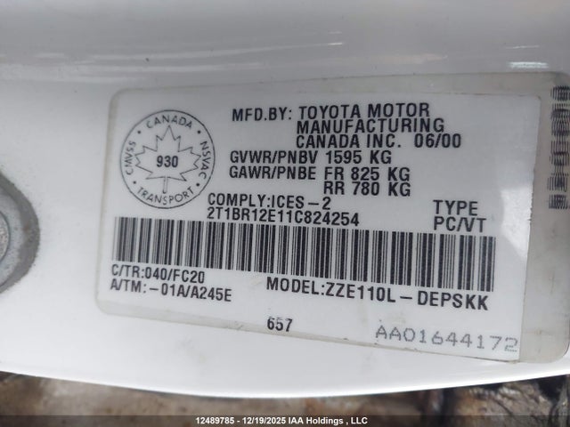 Продажа на аукционе авто 2001 Toyota Corolla Ce/le/s, vin: 2T1BR12E11C824254, номер лота: 12489785