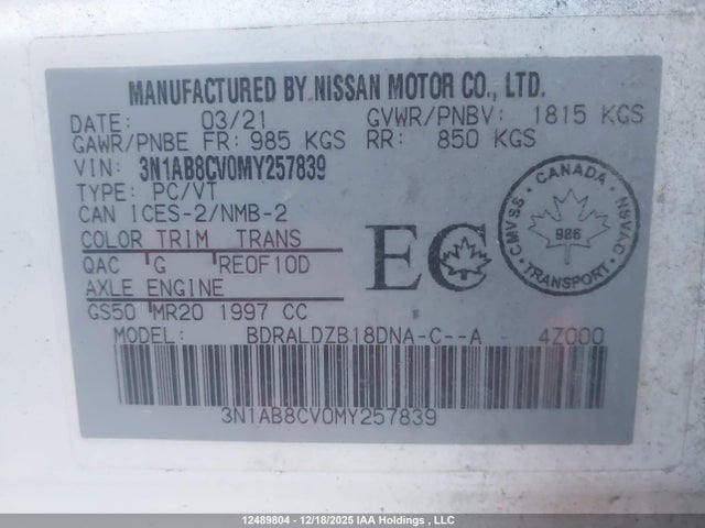 3N1AB8CV0MY257839 Nissan SENTRA SV