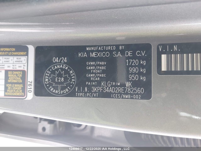 12489817 :رقم المزاد ، 3KPF34AD2RE782560 vin ، 2024 Kia Forte Ex/ex+/ex Premium مزاد بيع