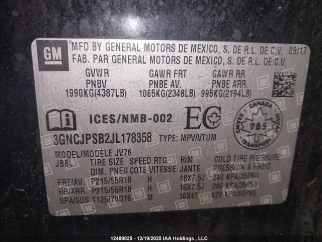 Продаж на аукціоні авто 2018 Chevrolet Trax Lt, vin: 3GNCJPSB2JL178358, номер лоту: 12489825