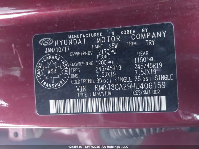 KM8J3CA29HU406159 Hyundai Tucson Limited