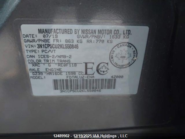 12489902 :رقم المزاد ، 3N1CP5CU2KL550846 vin ، 2019 Nissan Kicks مزاد بيع