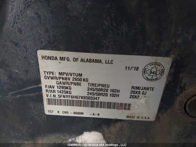 5FNYF6H67KB503347 Honda Pilot Touring