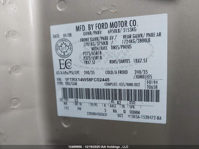 Продажа на аукционе авто 2008 Ford F150, vin: 1FTRX14W58FC02445, номер лота: 12489956