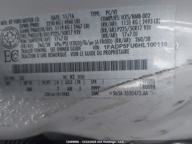 12489966 :رقم المزاد ، 1FADP5FU6HL100110 vin ، 2017 Ford C-max Titanium مزاد بيع