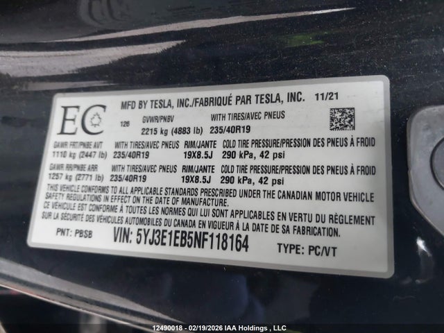 5YJ3E1EB5NF118164 Tesla MODEL 3