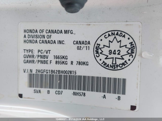 Продаж на аукціоні авто 2011 Honda Civic Lx, vin: 2HGFG1B62BH002815, номер лоту: 12490021