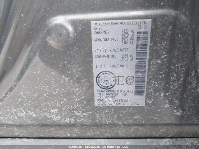 5N1AT2MV9FC886383 Nissan Rogue S/sl/sv