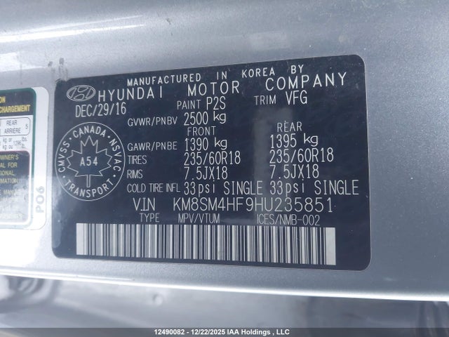 KM8SM4HF9HU235851 Hyundai SANTA FE XL