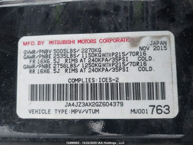 JA4JZ3AX2GZ604379 Mitsubishi Outlander Se