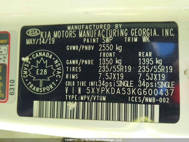 Aukcja sprzedaży 2019 Kia Sorento Sx/sxl, vin: 5XYPKDA53KG600437, numer aukcji: 12490112