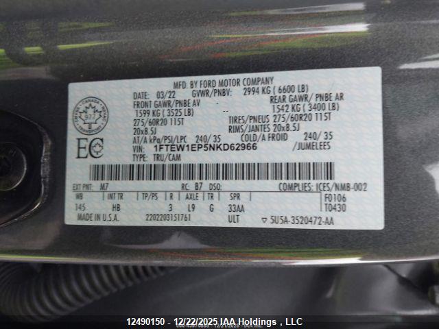 12490150 :رقم المزاد ، 1FTEW1EP5NKD62966 vin ، 2022 Ford F150 Supercrew مزاد بيع