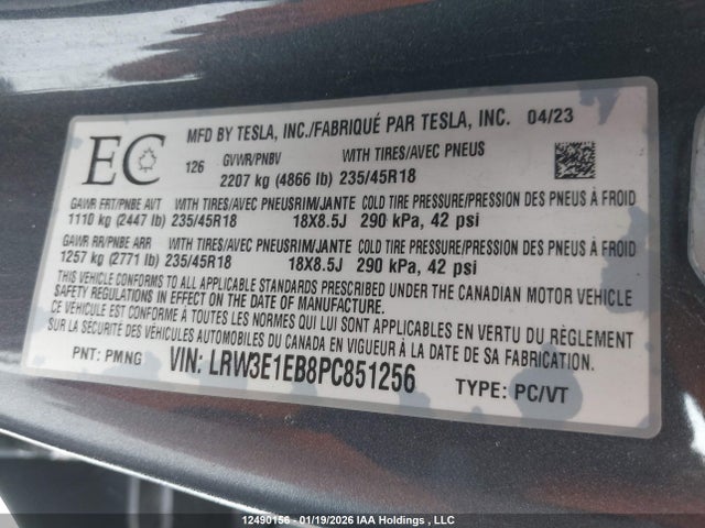 Aukcja sprzedaży 2023 Tesla Model 3 Long Range, vin: LRW3E1EB8PC851256, numer aukcji: 12490156