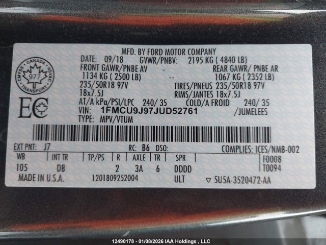 1FMCU9J97JUD52761 Ford Escape Titanium