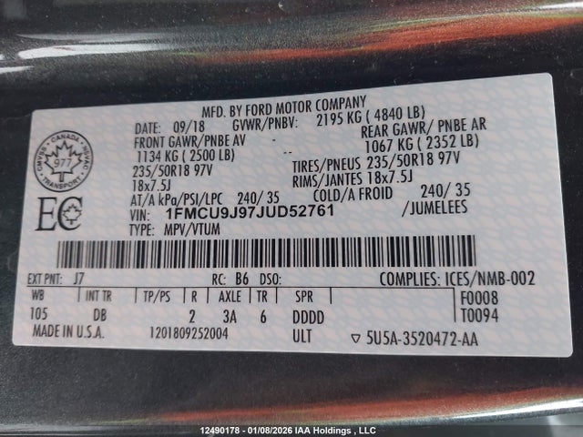 1FMCU9J97JUD52761 Ford Escape Titanium