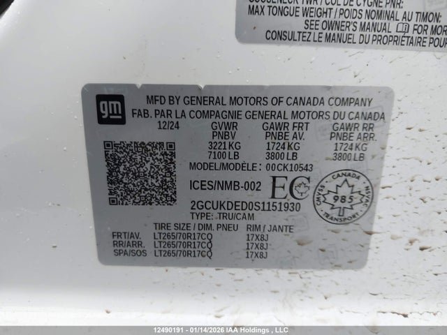 Aukcja sprzedaży 2025 Chevrolet Silverado K1500 Lt, vin: 2GCUKDED0S1151930, numer aukcji: 12490191