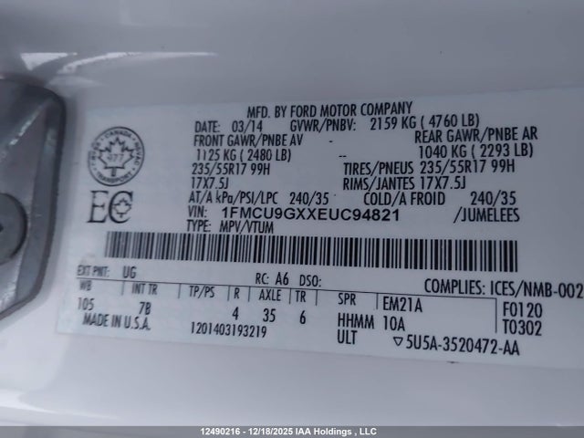 1FMCU9GXXEUC94821 Ford ESCAPE SE