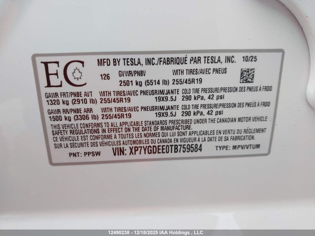 XP7YGDEE0TB759584 Tesla Model Y