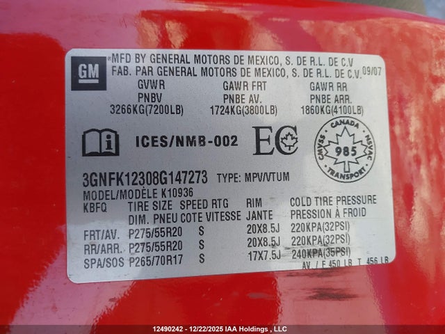 Продаж на аукціоні авто 2008 Chevrolet Avalanche 1500 Ls/lt/ltz, vin: 3GNFK12308G147273, номер лоту: 12490242
