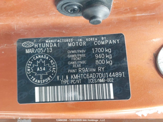 2013 Hyundai Veloster მანქანა იყიდება აუქციონზე, vin: KMHTC6AD7DU144891, აუქციონის ნომერი: 12490288